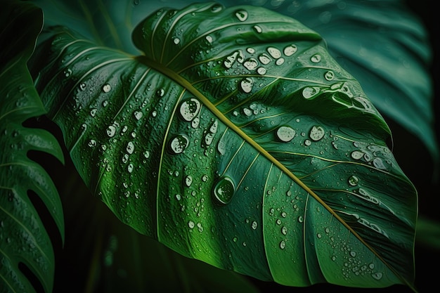 Una enorme y exuberante hoja verde se ve arriba y en persona mientras llueve.