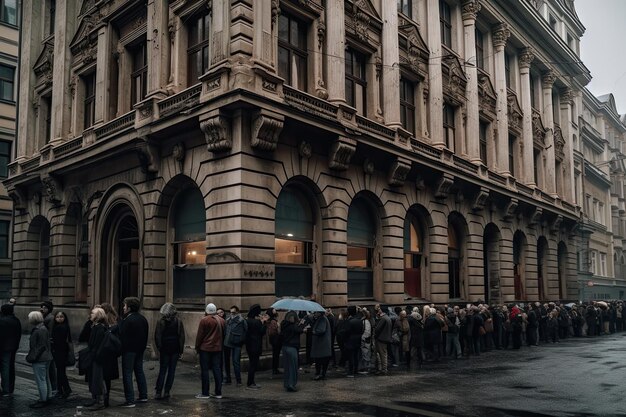 Enorme fila de personas enojadas en el edificio del banco que se derrumba concepto de crisis bancaria financiera Generativo AIxA