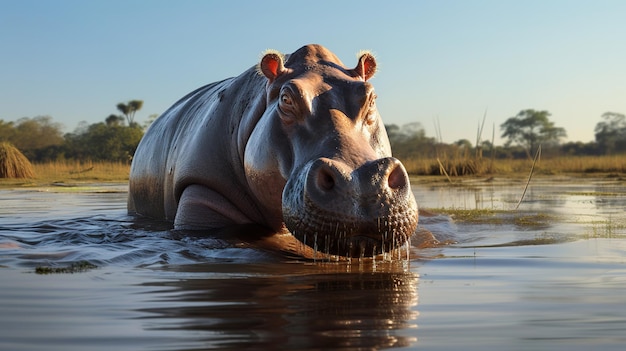 Enorme hipopótamo nadando en el río IA generativa