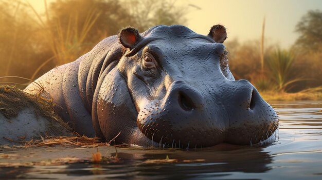 Enorme hipopótamo nadando en el río IA generativa