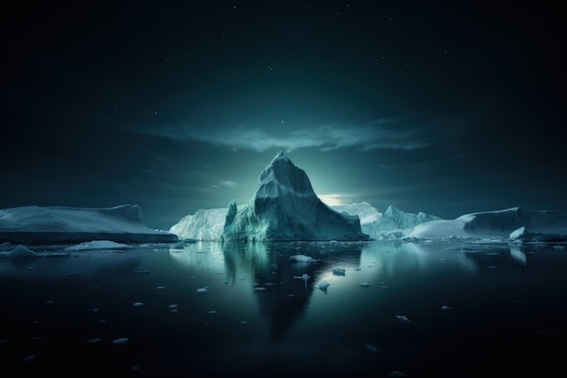 Enorme iceberg antártico flotando en aguas tranquilas y frías en el fondo del cielo nocturno