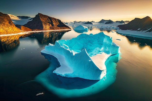 Enorme iceberg flotante cerca de la costa de la montaña contra el fondo de la puesta de sol y el barco acercándose