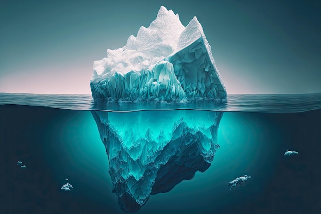 Enorme iceberg flotante que se hunde profundamente bajo el agua se desplaza hacia el mar