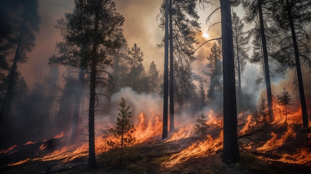 Enorme incendio forestal en bosques de pino rojo causado por el cambio climático