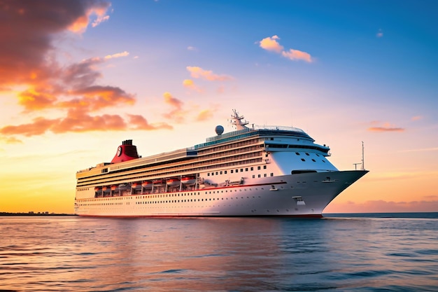 Una enorme línea de cruceros viaja a través del mar Viajes de vacaciones en el mar Paisaje marino con vistas a un crucero Transatlántico de pasajeros en alta mar Viajes turísticos en el océano