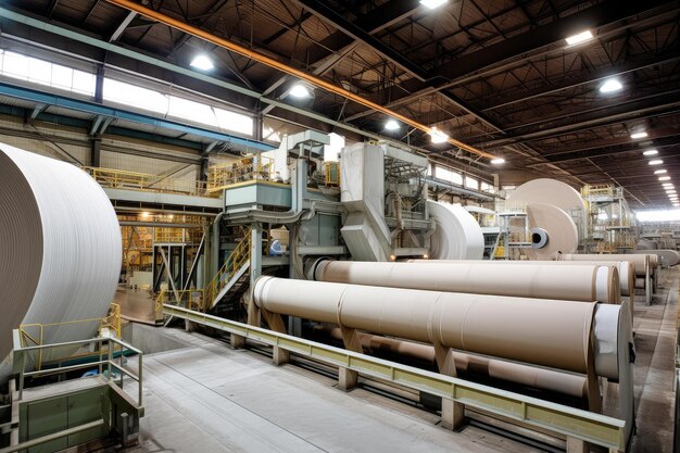 Foto enorme máquina de celulose e papel produzindo infinitos rolos de papel criados com ia generativa