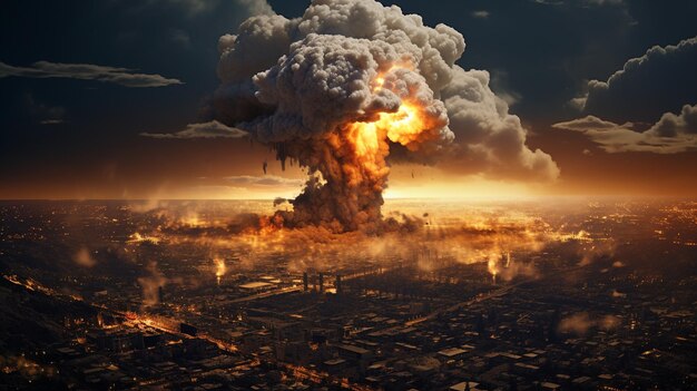 Una enorme nube de gas se forma sobre una ciudad en el estilo de la pigmentación explosiva del arte nuclear.