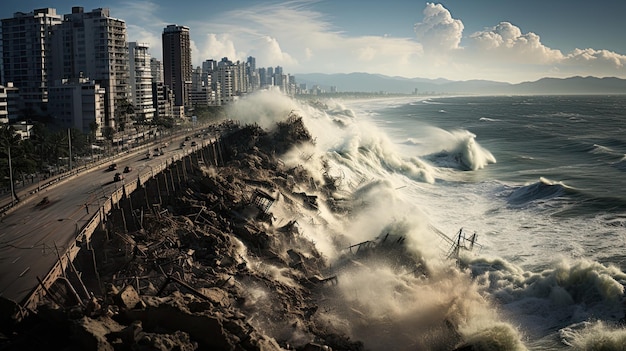 Una enorme ola de tsunami golpea el paseo marítimo de la ciudad