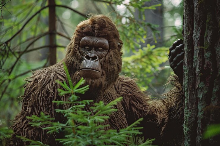 Foto un enorme personaje de yeti de fantasía en un hermoso fondo de naturaleza al aire libre