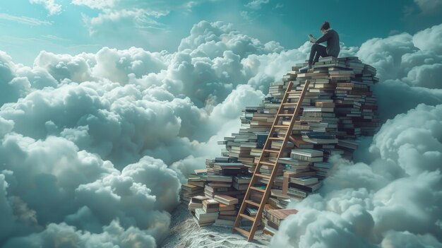 Enorme pila de libros con una escalera de madera viaje hacia el cielo a través de páginas en medio de un paisaje de ensueño de nubes educación concepto de ascenso IA generativo