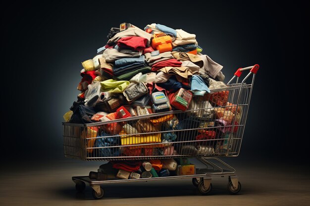 Foto una enorme pila de varias prendas plegadas llena un carrito de compras hasta el borde, lo que simboliza la fiebre de los consumidores de las ventas del viernes negro