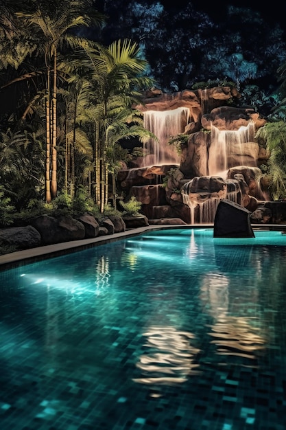 Enorme piscina con luces y una cascada al estilo de la naturaleza esmeralda clara y marrón oscuro