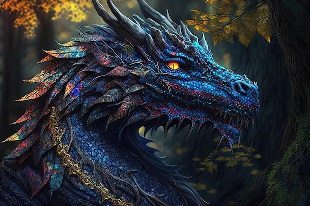 Enorme y poderoso dragón mágico del bosque con escamas brillantes creadas con IA generativa