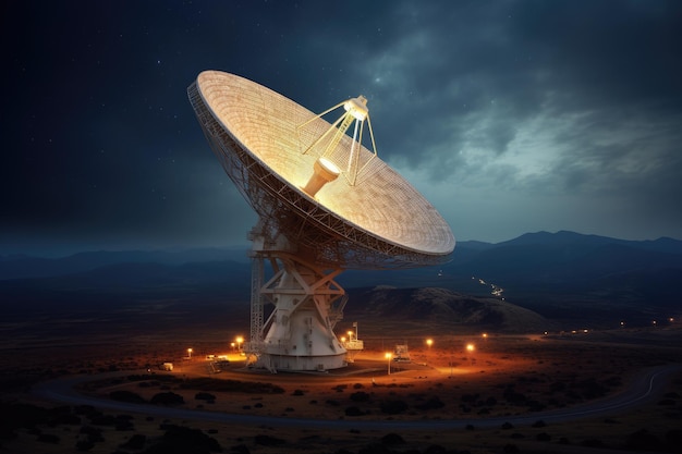 Un enorme radiotelescopio dirigido directamente al cielo la silueta de un radiotelescope en el desierto al atardecer generado por la IA