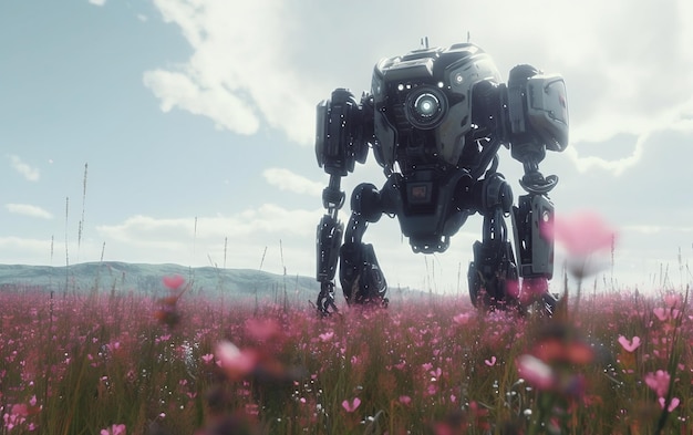 Enorme robot cyberpunk caminando por un campo de flores de verano