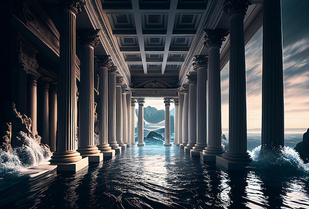 Foto enorme salão com pilares brancos inundado com água
