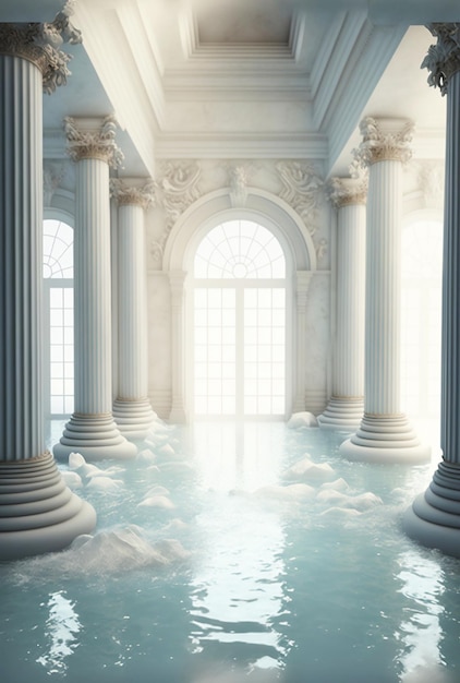 Enorme salão com pilares brancos inundado com água