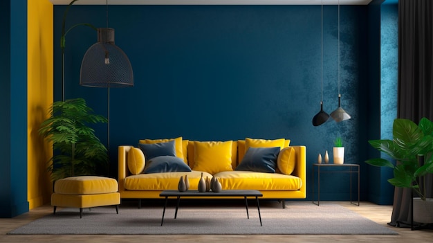 Un enorme salón con acento en tonos azules y amarillos Pared azul oscuro que está vacía y un sofá amarillo brillante con matices mostaza una maqueta de un interior contemporáneo IA generativa