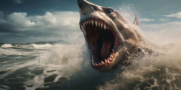 Un enorme tiburón enojado en la orilla del mar