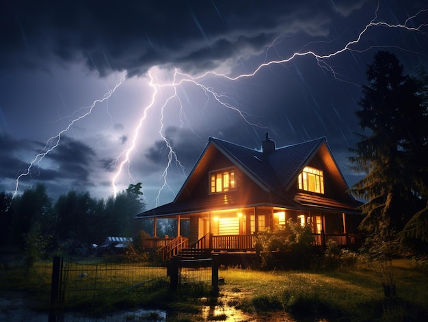 Enorme tormenta con fuerte iluminación sobre la cabaña en el concepto de naturaleza forestal
