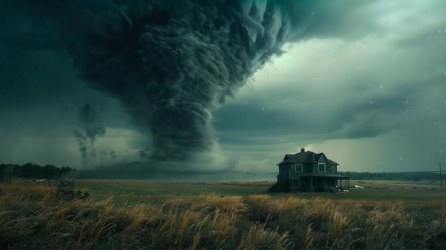 un enorme tornado cerca de la pequeña casa