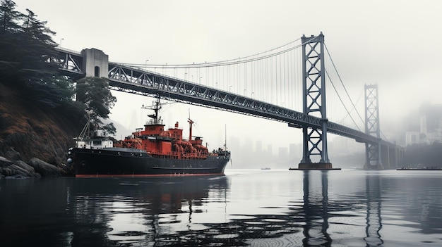 Enorme viejo puente a través de la bahía en estilo de foto vintage El barco está amarrado