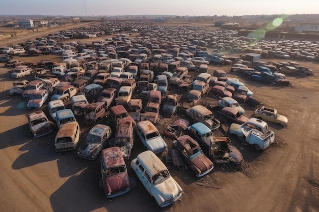 Enorme volcado de autos creando un paisaje surrealista e inquietante de metal oxidado y partes rotas IA generativa