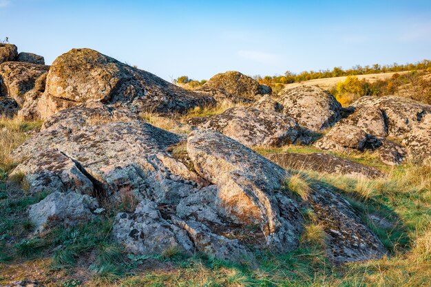 Enormes depósitos de minerales de piedra antiguos cubiertos de vegetación en un prado lleno de sol cálido en Ucrania y su hermosa naturaleza