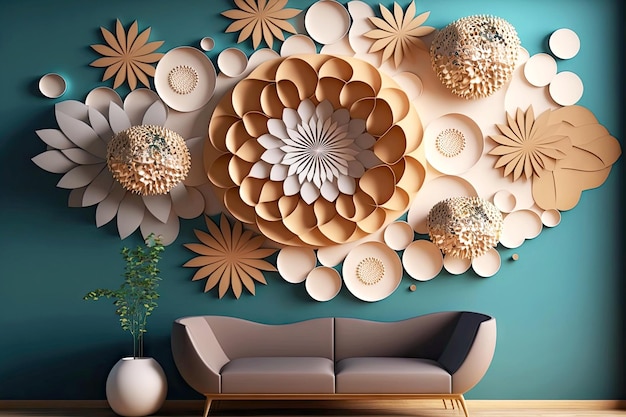 Enormes flores de papel de renderização 3D na parede em decoração e design de interiores de sala generativa ai