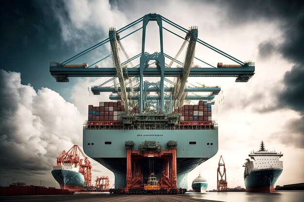 Enormes guindastes portuários transportam carga a bordo de navios cargueiros