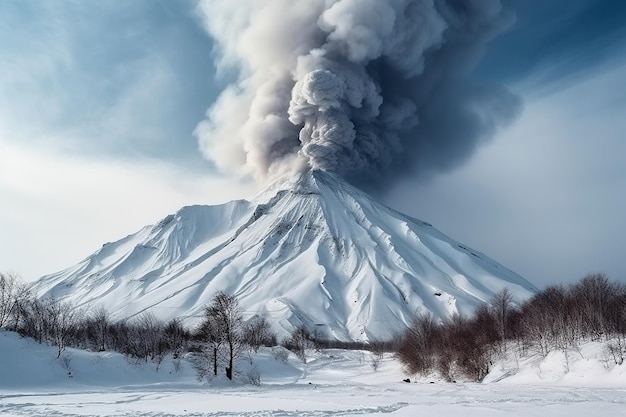 Enormes nubes de la erupción de la montaña Shiveluch en Kamchatka IA generativa