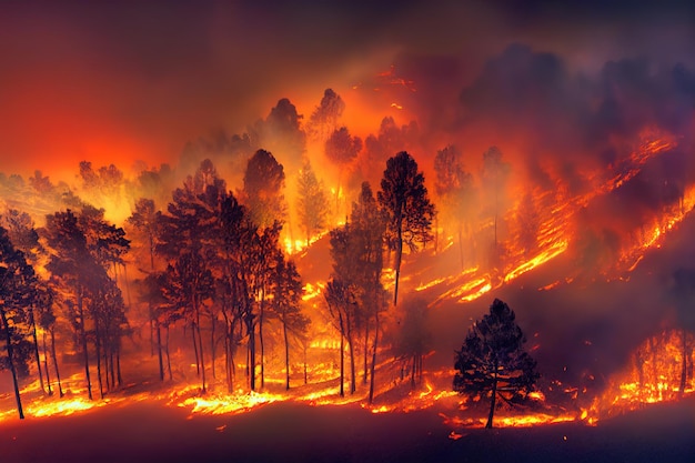 Enormes nuvens de fumaça do incêndio florestal sobem para o céu fogo queimou toda a vegetação na área queimada da floresta