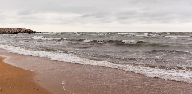 Enormes ondas furiosas no mar e gaivotas no spray das ondas Os pássaros voam sobre as ondas