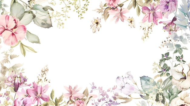 Enquadragem floral intrincada com delicadas aquarelas de flores silvestres e cores pastel suaves em branco