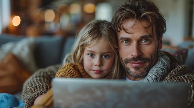 Enquanto estão sentados confortavelmente em casa, uma família feliz assiste juntos a um vídeo on-line