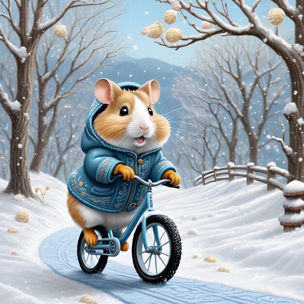 Enquanto o hamster antropomórfico em seu aconchegante traje de inverno andava em sua pequena bicicleta ao longo da cobertura de neve