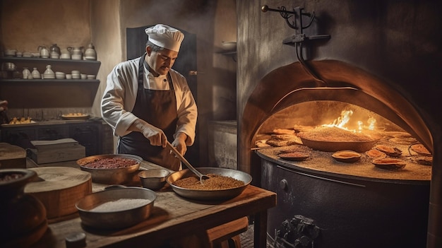 Enquanto o tradicional forno turco está em chamas, um chef prepara ingredientes na cozinha usando Generative AI