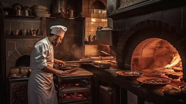 Enquanto o tradicional forno turco está em chamas, um chef prepara ingredientes na cozinha usando Generative AI