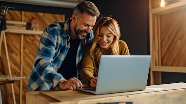 Enquanto sua casa está sendo reformada, uma deslumbrante mulher americana gesticula para a tela de um laptop para seu namorado sorridente usando Generative AI