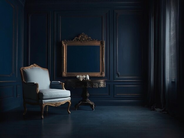 Enrame a simplicidade de uma sala azul escuro com uma cadeira vazia convidando os espectadores a se imaginarem