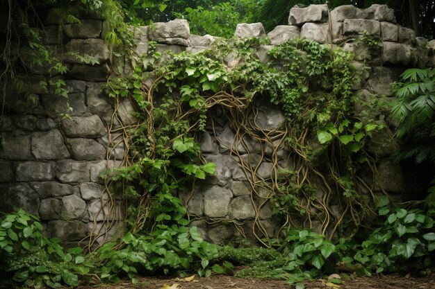 Enredaderas de la selva colgando frente a un muro de piedra