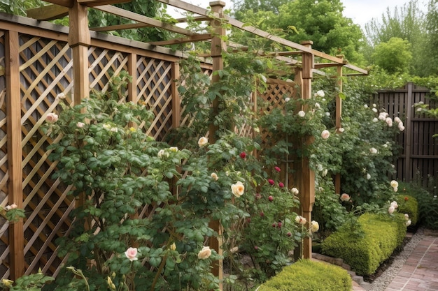 Enrejado de madera con rosas trepadoras y enredaderas en la valla en el jardín