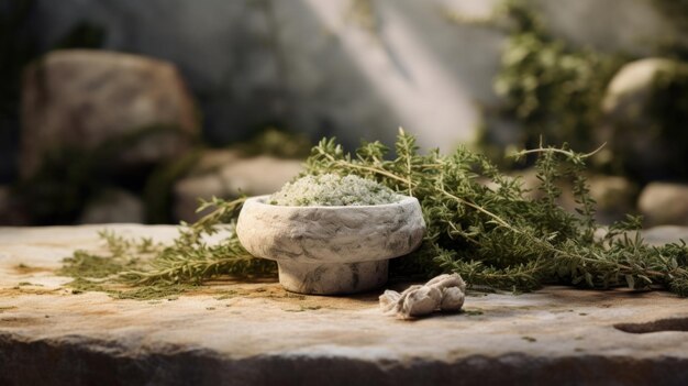 Enriqueciendo sus alrededores, un mortero de piedra caliza contiene una lujosa exhibición de hojas de tomillo triturado y marjoram esperando para elevar los perfiles de sabor de cualquier sopa o estofado.