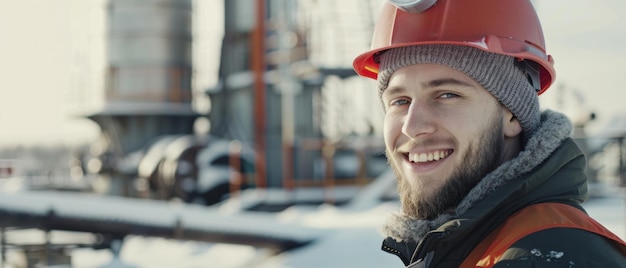 Enrolado em roupas de inverno, um trabalhador mostra um sorriso amigável em meio ao frio industrial de seu ambiente.