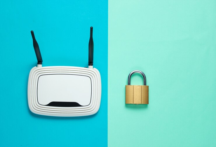 Foto enrutador wifi con bloqueo aislado en azul