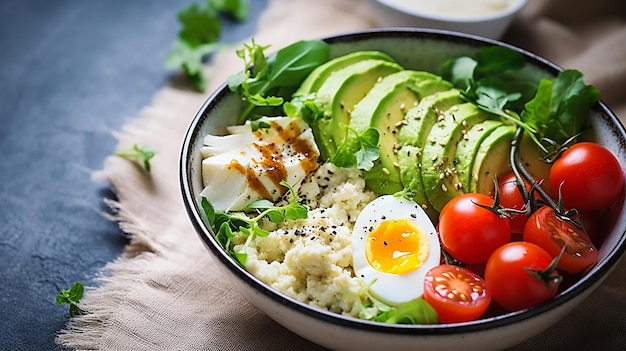 Ensalada abundante y saludable de atún y fotos de menú de comidas saludables