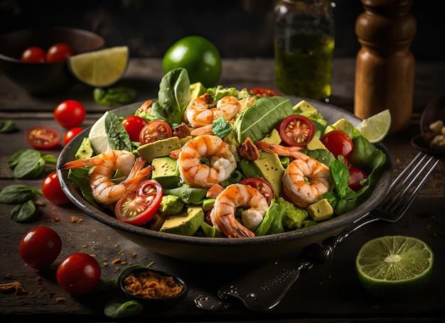 Ensalada De Aguacate Con Camarones, Lechuga, Tomates Cherry Y Crutones