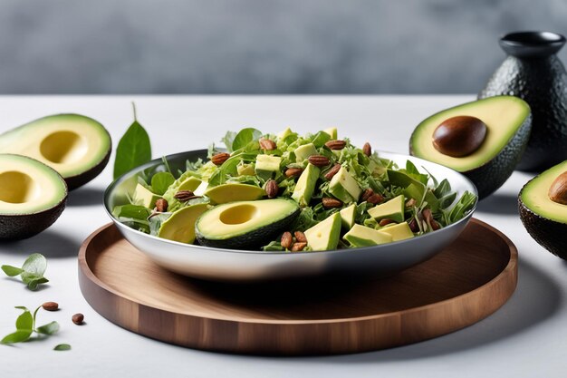 Ensalada de aguacate en una placa de metal aislada sobre un fondo blanco