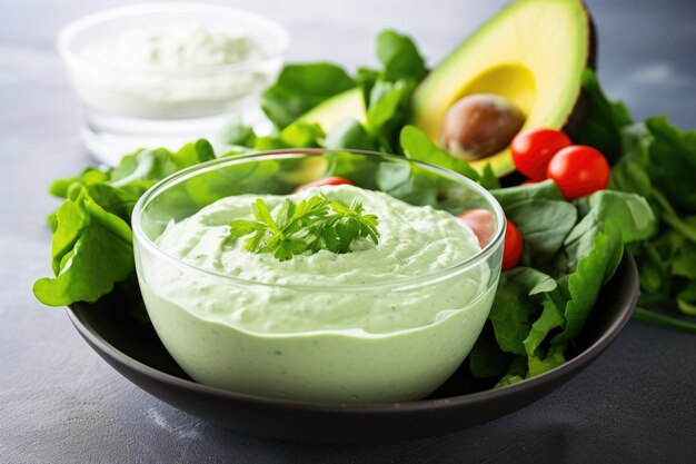 Ensalada de aguacate recién hecha con aderezo cremoso