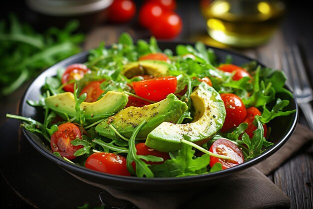 Ensalada de aguacate con tomates cereza y rúcula